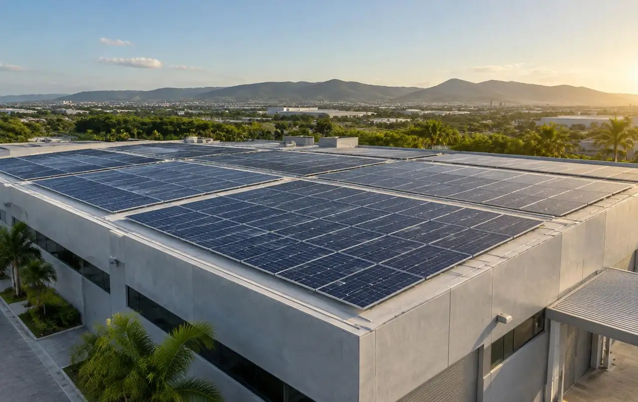 Imagem ilustrativa de painéis fotovoltaicos em cobertura industrial
