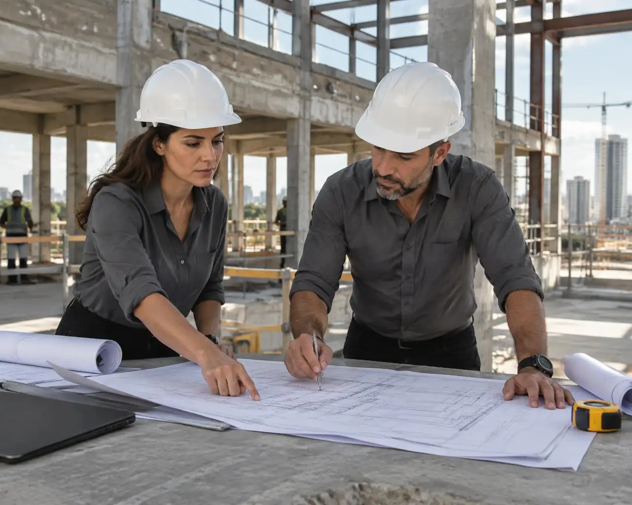 Imagem ilustrativa de profissionais de engenharia analisando um projeto em obra